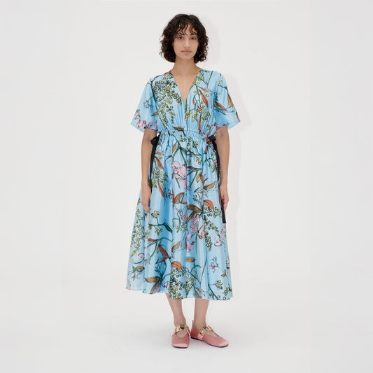 - V Neck Waist Tie Midi Dress - Spring Mimosa