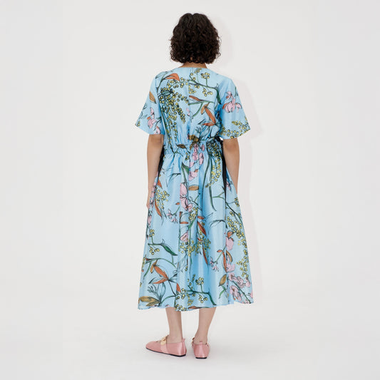 - V Neck Waist Tie Midi Dress - Spring Mimosa