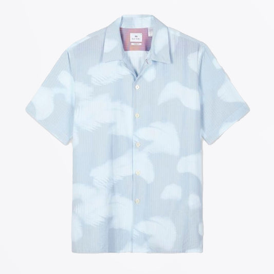 - Palm Shadow Print Short Sleeve Shirt - Light Blue