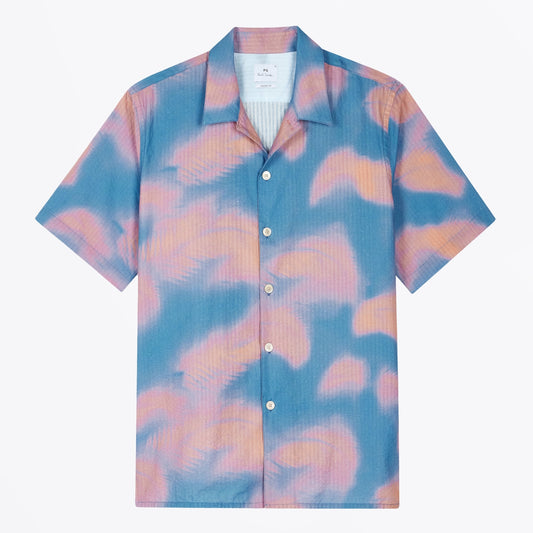 - Palm Shadow Printed Short Sleeve Shirt - Petrol Blue