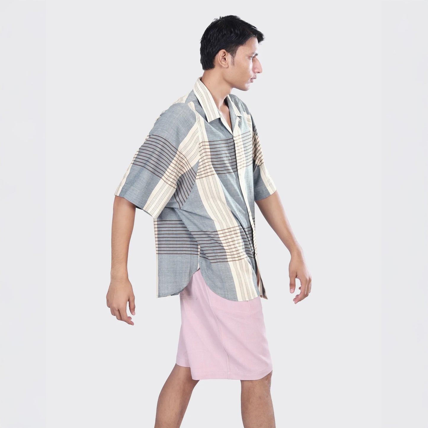 - Yusuke Handwoven Grid Print Short Sleeve Shirt - Blue