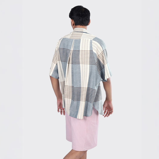 - Yusuke Handwoven Grid Print Short Sleeve Shirt - Blue