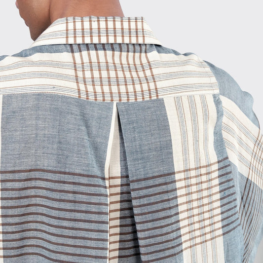 - Yusuke Handwoven Grid Print Short Sleeve Shirt - Blue