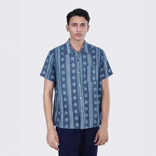 - Chintan Shibori Block Print Short Sleeve Shirt - Blue