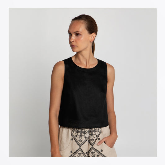 - Linen Crop Sleeveless Top - Black