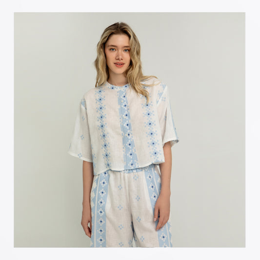 - Pixel Crop Shirt - White/Blue