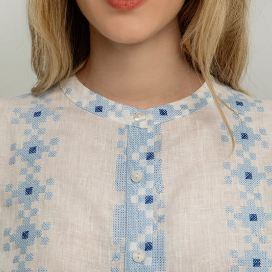 - Pixel Crop Shirt - White/Blue
