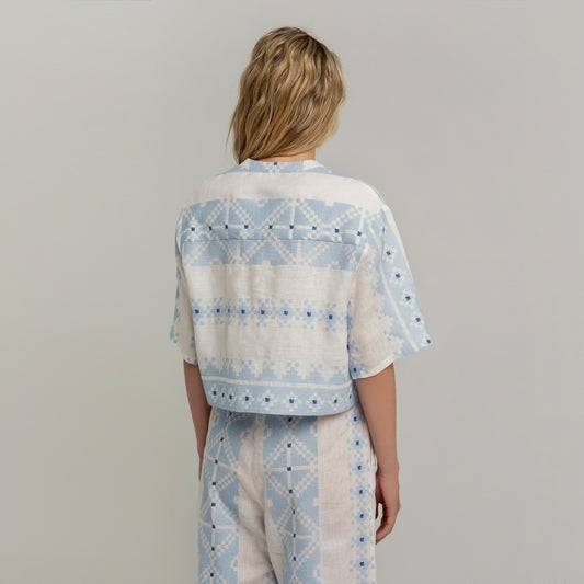 - Pixel Crop Shirt - White/Blue