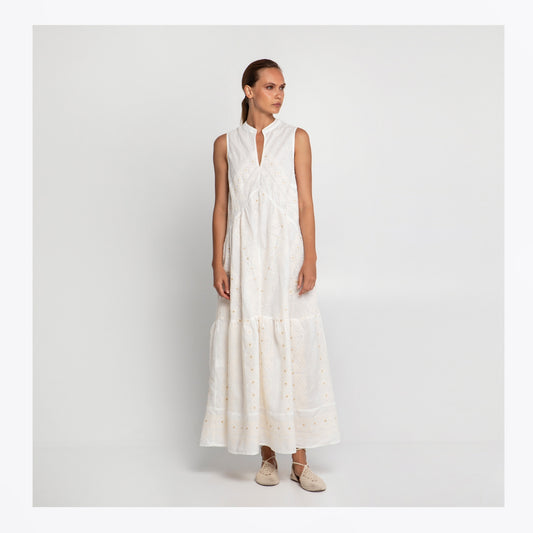 Pixel Embroidered Dress - White/Gold