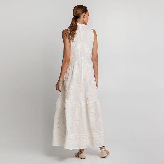 Pixel Embroidered Dress - White/Gold