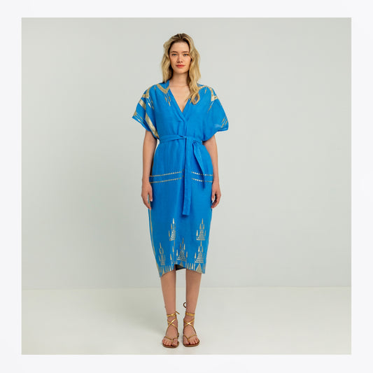 - Roots Kaftan With Belt - Blue/Gold