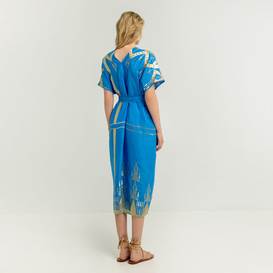 - Roots Kaftan With Belt - Blue/Gold