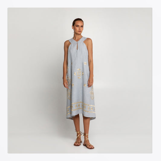 Lefkada Halterneck Dress - Light Grey/Gold