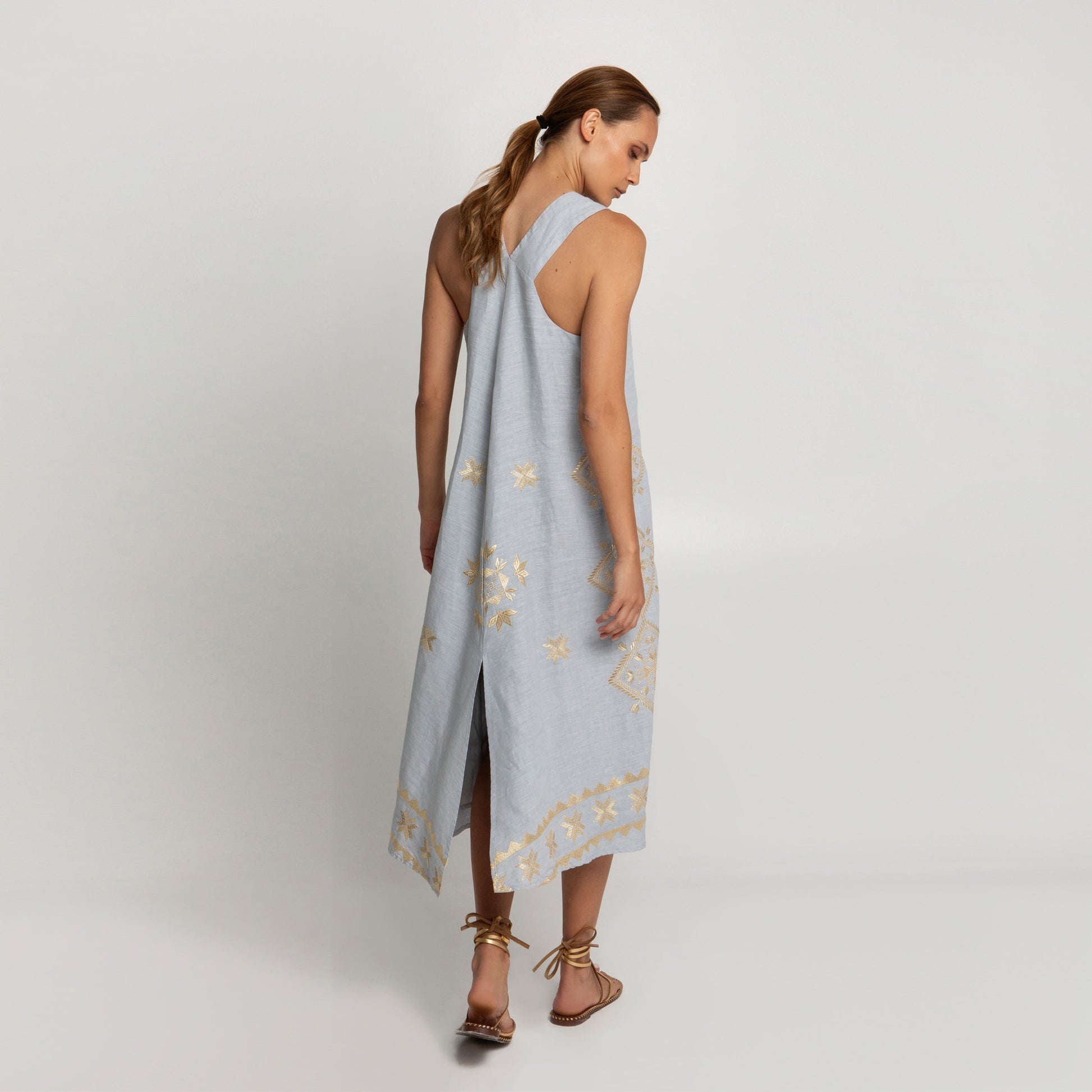 Greek Lefkada Halterneck Dress - Light Grey/Gold