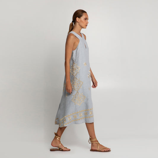 Lefkada Halterneck Dress - Light Grey/Gold