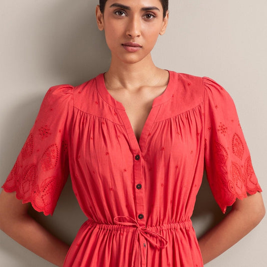 - Nicole Broderie Anglais Dress - Coral