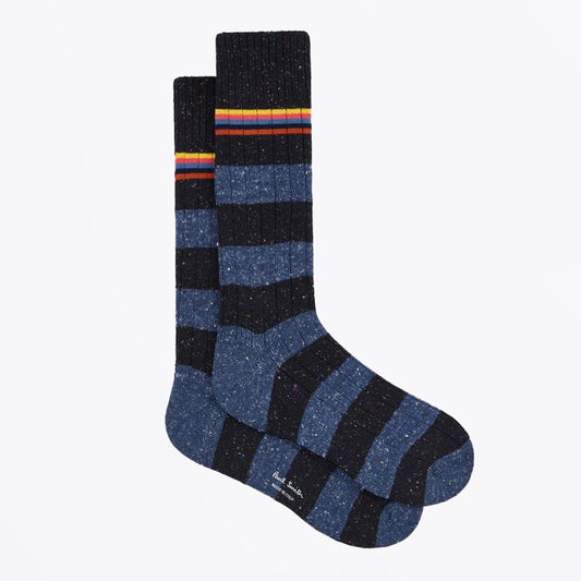 - Cotton-Silk Blend Chunky 'Signature Stripe' Socks - Black and Navy