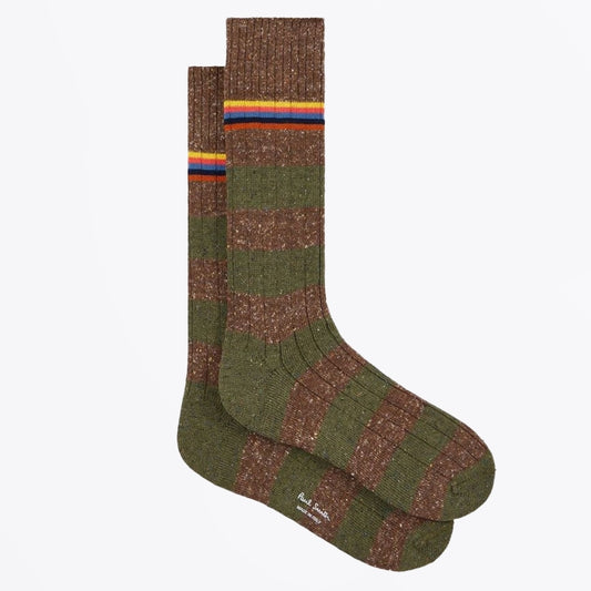 - Cotton-Silk Blend Chunky 'Signature Stripe' Socks - Brown and Green