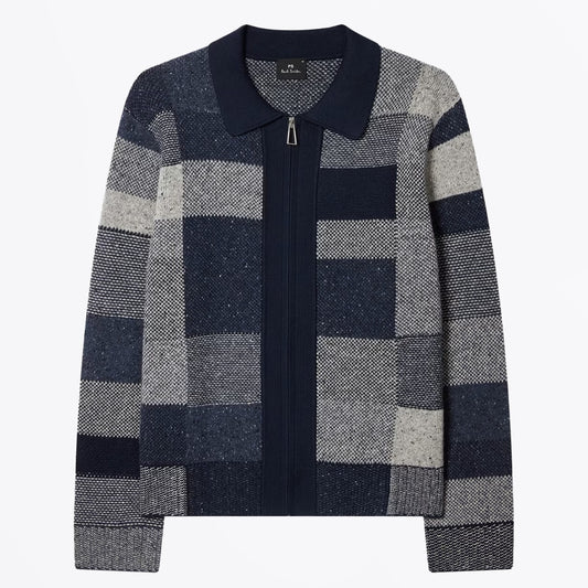 - Patchwork Zip Through Cardigan - Navy