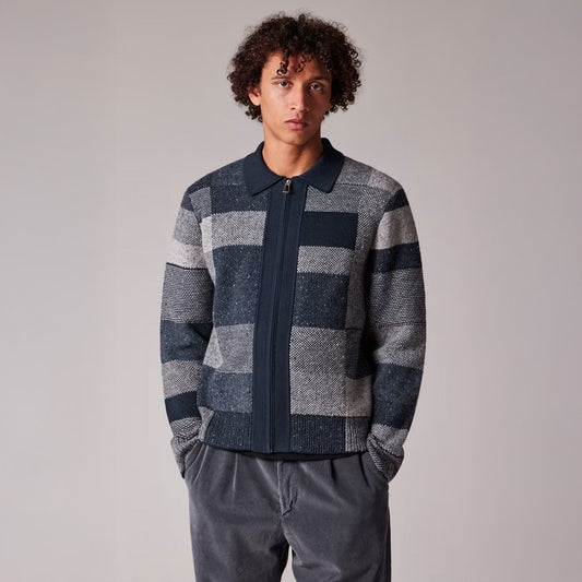 - Patchwork Zip Through Cardigan - Navy