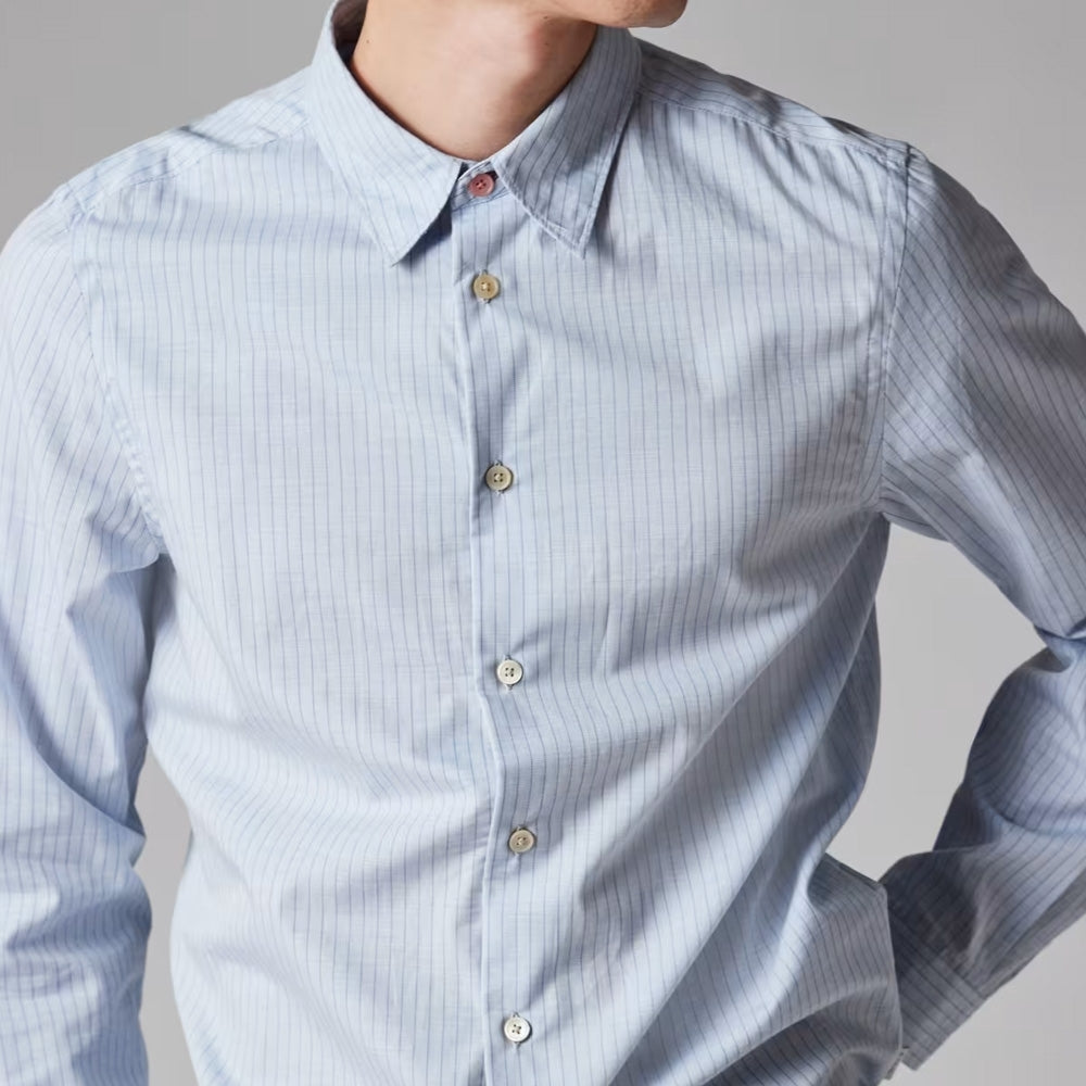 - Tailored Fit Melange Stripe Shirt - Light Blue