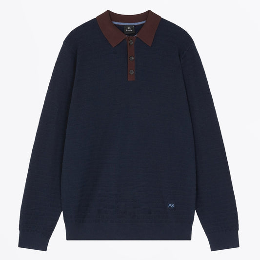 - Long Sleeve Textured Polo Shirt - Very Dark Navy