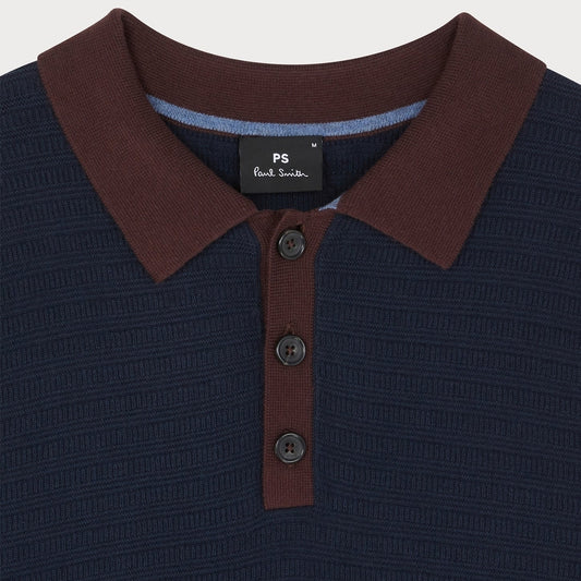 - Long Sleeve Textured Polo Shirt - Very Dark Navy