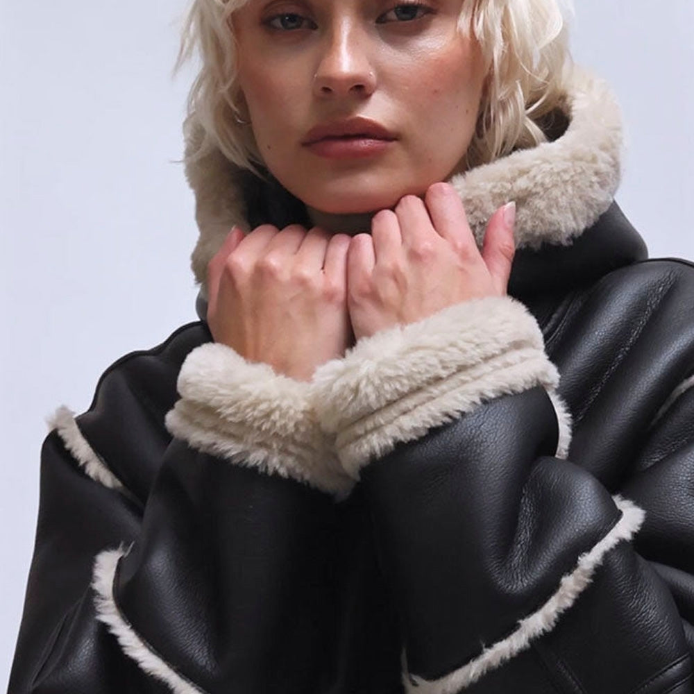 - Faux Shearling Hooded Jacket - Black