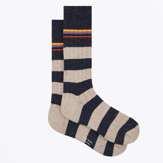 - Cotton-Silk Blend Chunky 'Signature Stripe' Socks - Navy and Cream