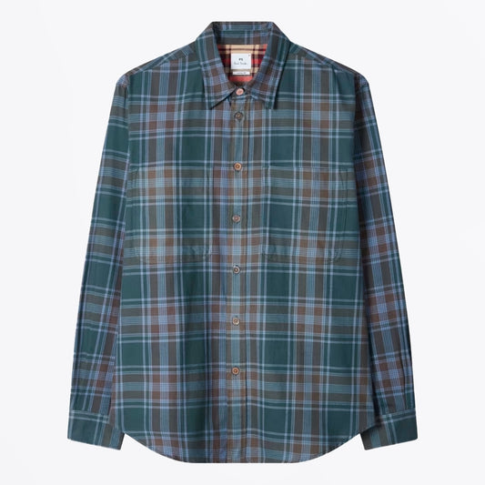 - Cotton-Flannel Check Shirt - Green and Blue