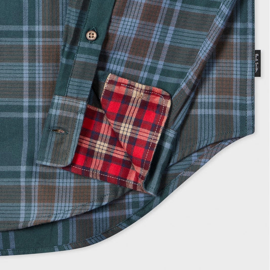 - Cotton-Flannel Check Shirt - Green and Blue
