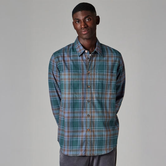- Cotton-Flannel Check Shirt - Green and Blue