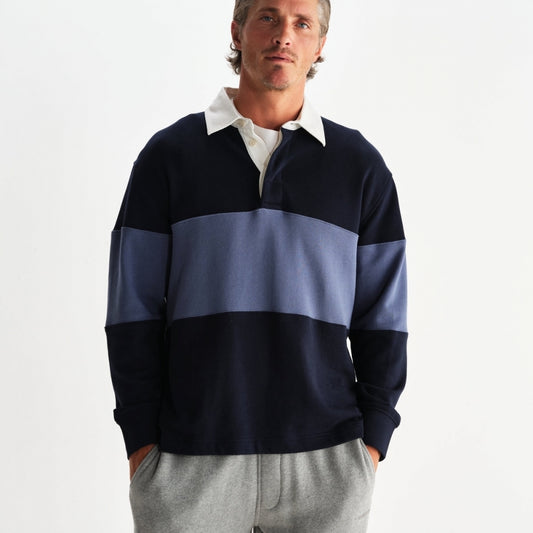 - Rowhill Paneled Loopback Rugby Shirt - Navy/Blue
