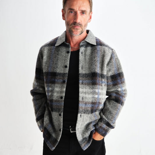 - Nolan Check Wool Overshirt - Grey/Blue