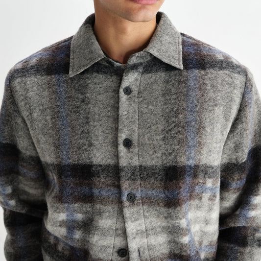 - Nolan Check Wool Overshirt - Grey/Blue
