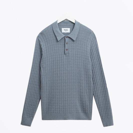- Oban Diamind Stripe Knitted Polo - Grey Blue