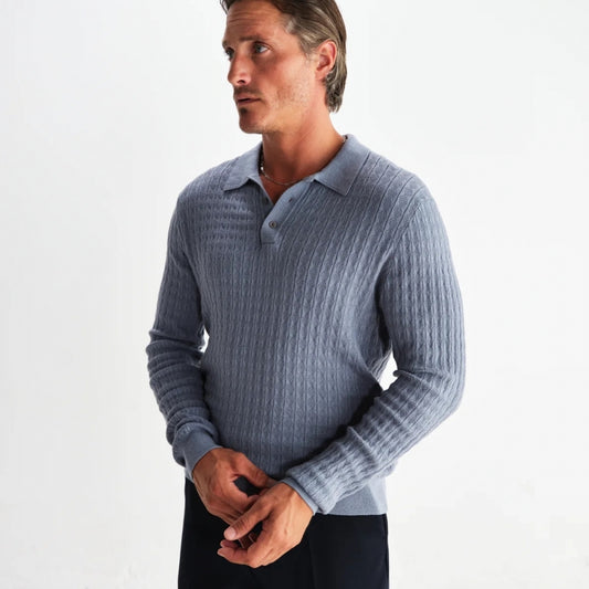 - Oban Diamind Stripe Knitted Polo - Grey Blue