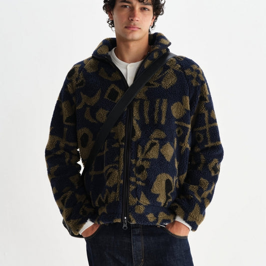 - Tate Shapes Jacquard Fleece Jacket - Navy And Khaki