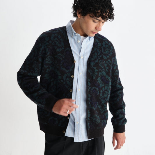 - Alban Floral Textured Jacquard Cardigan - Black And Green