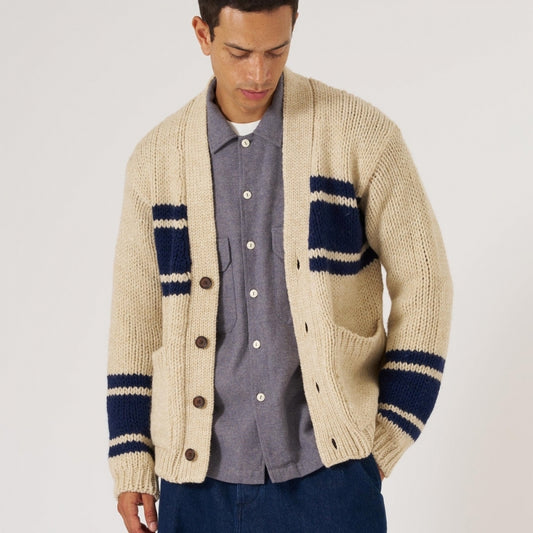 - Chunky Knit Stripe Langdale Cardigan - Sand