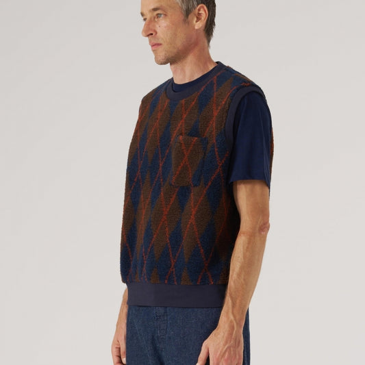 - Argyll Fleece Sleeveless Crew - Brown/Navy