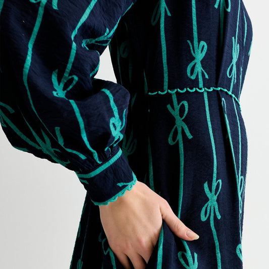 - Avion Tie Up High Neck Midi Dress - Navy