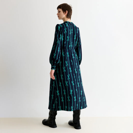 - Avion Tie Up High Neck Midi Dress - Navy