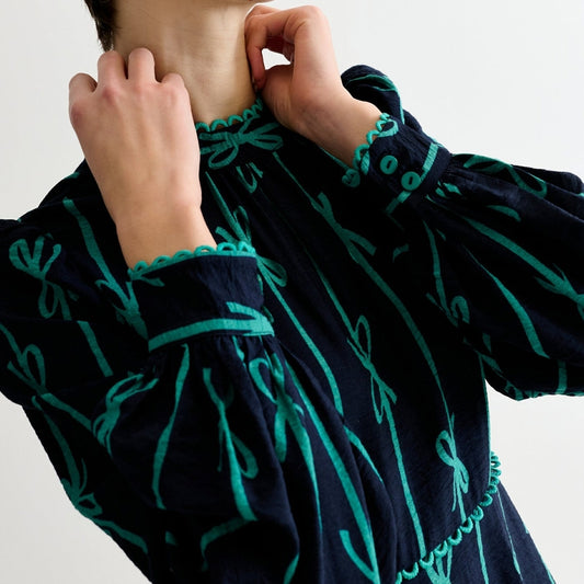 - Avion Tie Up High Neck Midi Dress - Navy