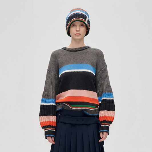 - Chunky Sleeve Crewneck Sweater - Chunky Stripes