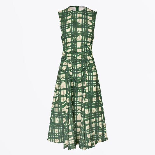 - Sleeveless Gathered Midi Dress - Checkered Wave