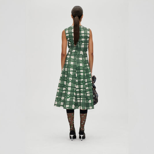 - Sleeveless Gathered Midi Dress - Checkered Wave