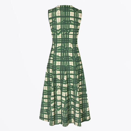 - Sleeveless Gathered Midi Dress - Checkered Wave