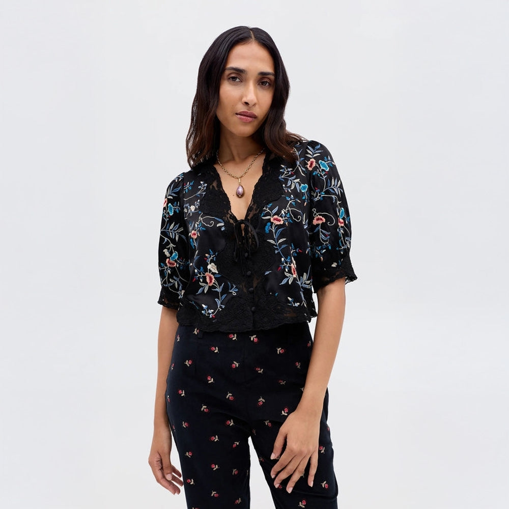 - Ursula Top - Botanical Embroidered Black