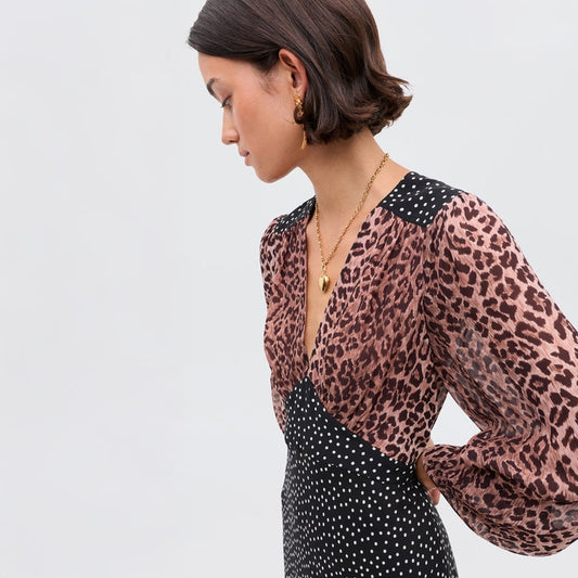 - Kaila Silk Dress - Leopard Spot Brown